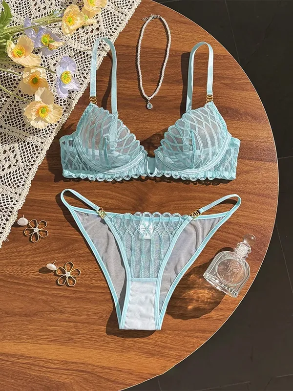 New Lace Transparent Lingerie Set Sexy Hot V Neck Anti Sagging Breathable Bra Panty Ensemble Fashion Daily Women Clothes Supply