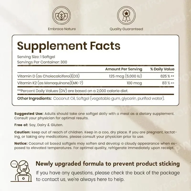 Vitamin D3 K2 Softgels with Coconut Oil 5000 IU D3 & 100 mcg K2 MK-7 Daily Bone Wellness Support for Men & Women 300 Count
