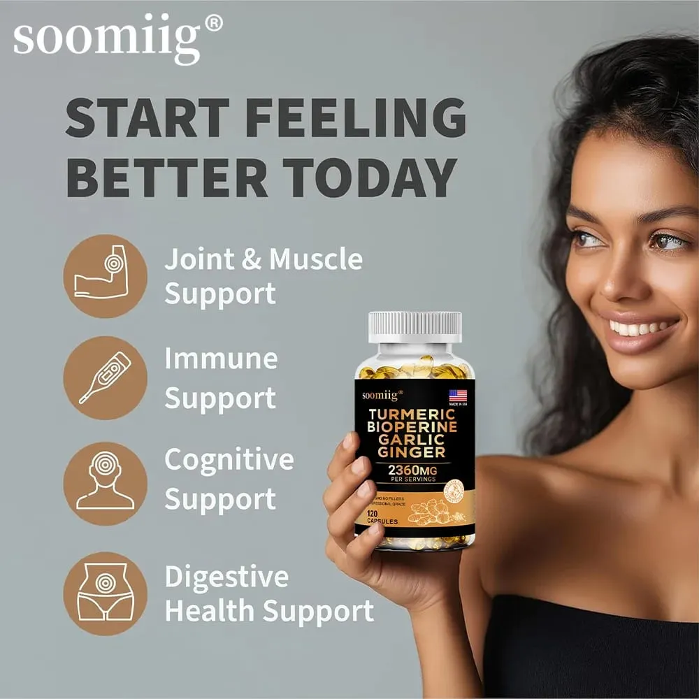 Turmeric Ginger Supplement with Garlic Curcumin Black Pepper Support Joint Health Promote Digestion and Boost Immune Health