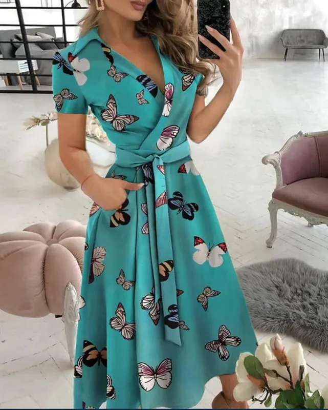 Women's Short Sleeve Wrap Dress V Neck Midi Dress With Self Tie Belt And Side Pockets For Casual Party Evening Wear