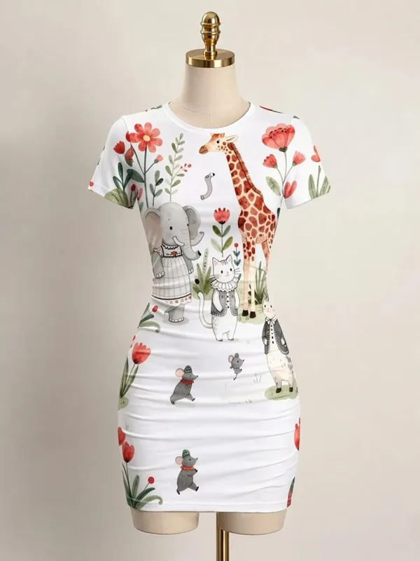 Womens Short Sleeve Bodycon Mini Dress Slim Fit Crew Neck Floral Print Casual Summer Party Cute Elegant Summer Vacation Sundress