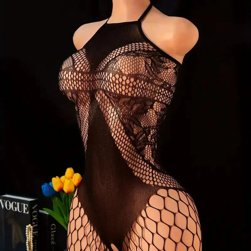 Women's Black Lace Fishnet Halter Neck One-Piece Bodystocking Wireless Unlined Stretch Mesh Lingerie One Size 8 Styles