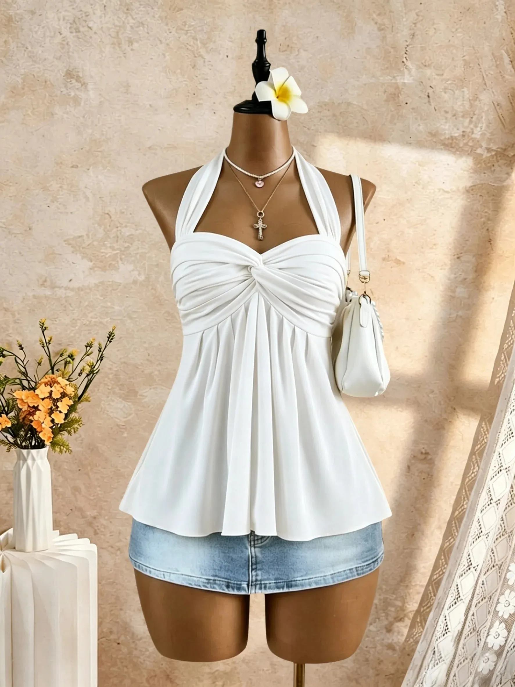 Women Halter Twist Front Sweetheart Neck Flared Peplum Camisole 2026 Summer Y2K Solid White Sleeveless Flowy Beach Vacation Tank