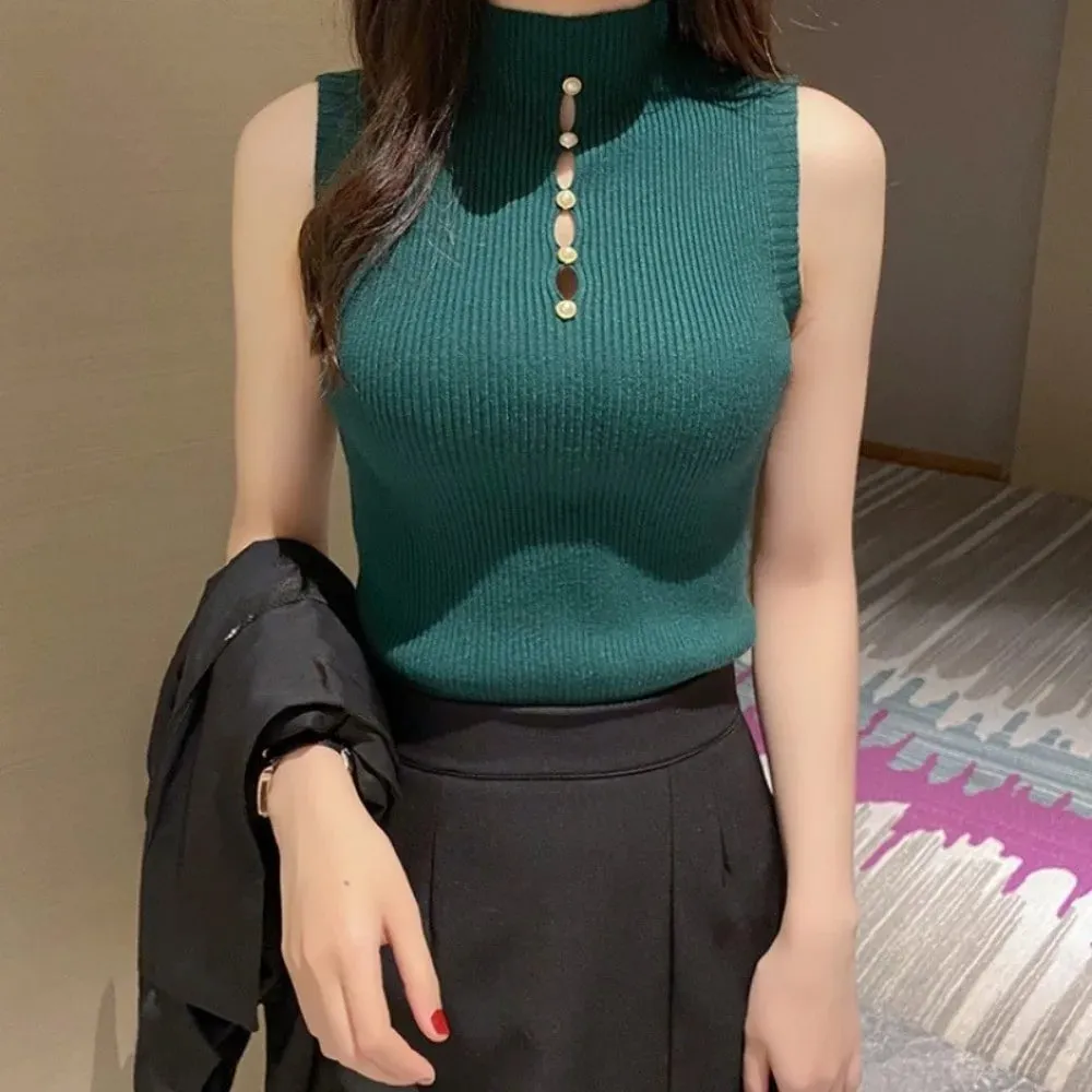 Elegant Solid Color Knitted Vest Sleeveless Slimming Tees T-Shirt Half-turtleneck Tank Top Women