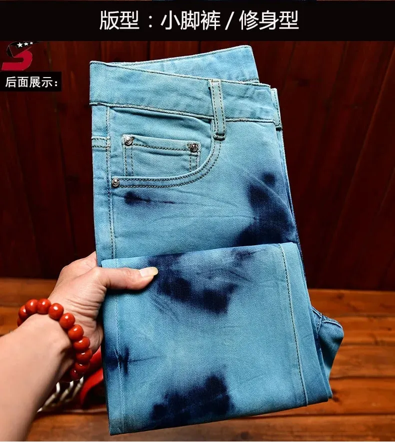Retro Blue Black Ripped Jeans High Street Korean Version Trousers Y2k Baggy Pants Stacked Jeans Mens Cargo Pants