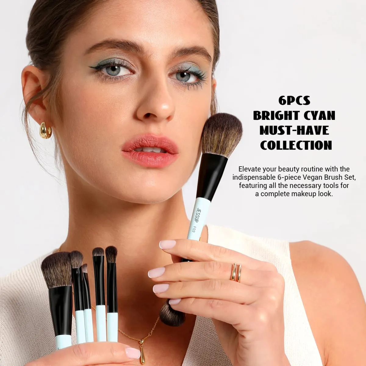 Jessup Double-Ended Makeup Brushes 6pcs Vegan Fiber Daily Use Bright Cyan