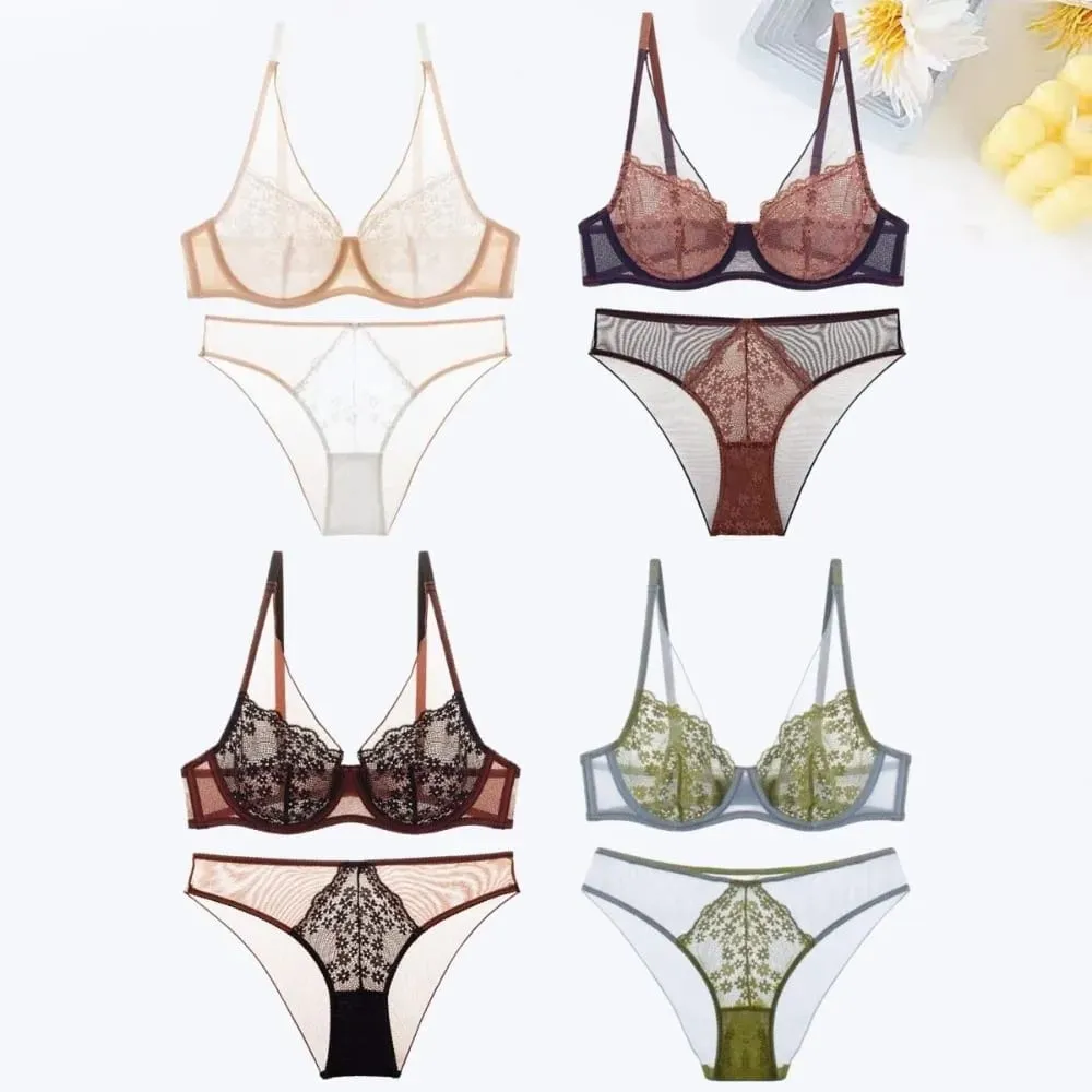 French Vintage Mesh Lace Flower Bra Set Brassiere Lingerie Mesh Bra Panties Kit Thin Seamless Push Up Bra Women Home