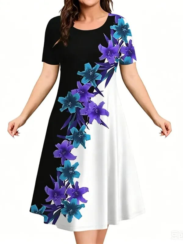 Sundress Loose Plus Size Dresses Women Flowers 3D Print Clothing Casual Summer Retro Short Sleeve Ladies Elegant Mini Dress