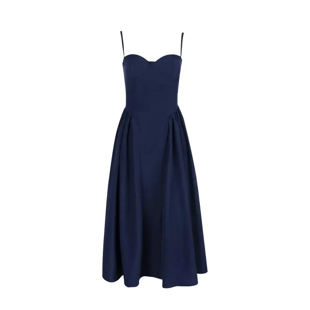 Suninheart Elegant Spaghetti Strap Midi Dress Slim A Line Party Dresses Biru Laut Kasual Birthday Holiday Dress Pakaian wanita