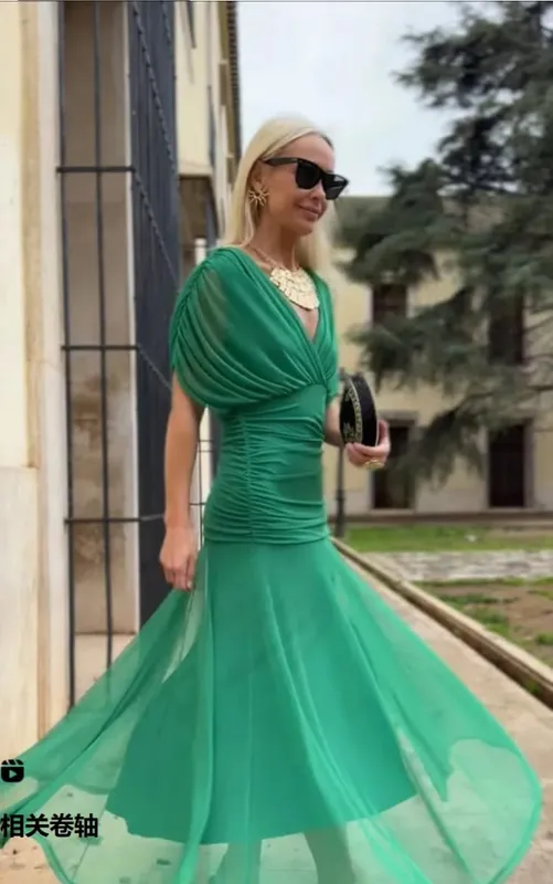 Wanita Padat Dalam V-leher Mesh Gaun Panjang Elegan Puff Lengan Pendek Pinggang Ruched Vestidos Tinggi 2026 Musim Panas Wanita Kasual Jubah Jalanan