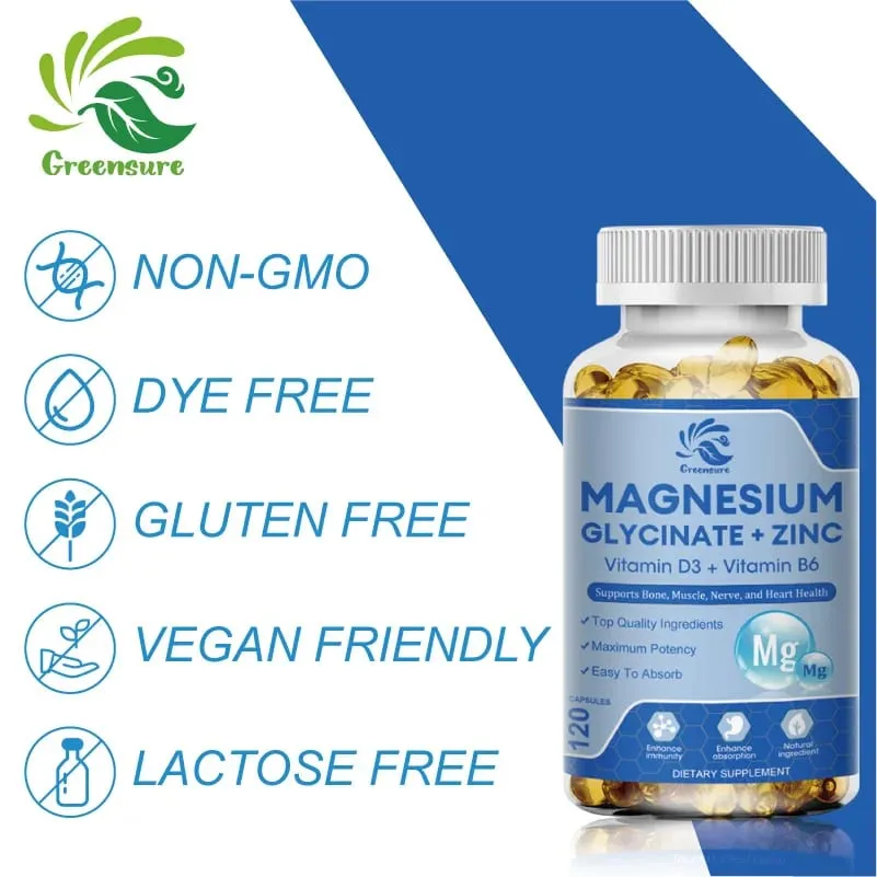 Glycinate de magnésium et supplément minéral de zinc 500 mg pour soutenir les articulations musculaires et la santé, absorption maximale