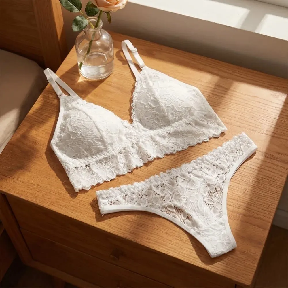 Kit de soutien-gorge en dentelle pour femmes, culotte florale, string, taille basse, Lingerie, cadeau de nuit romantique, sous-vêtements à col en V pour femmes