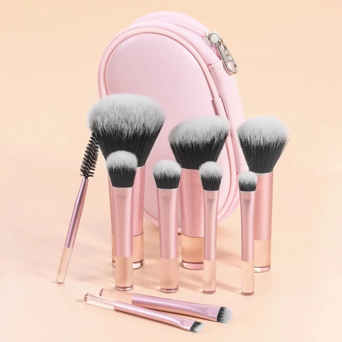 10pcs Pink Makeup Brush Set for Beginners Mini Portable Foundation Eyeshadow Brushes with Crystal Handle Includes Brush Pouch