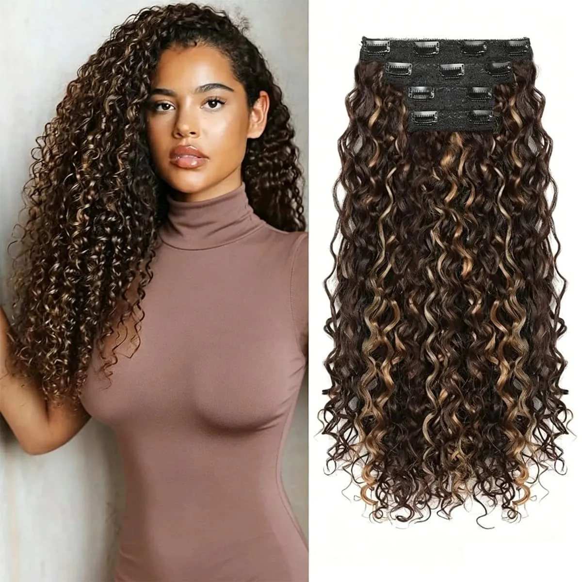 Synthetic Kinky Curly Clip On Hair Extensions Fluffy Messy Heat Resistant Fiber Black Blonde Hair Extensions For Women