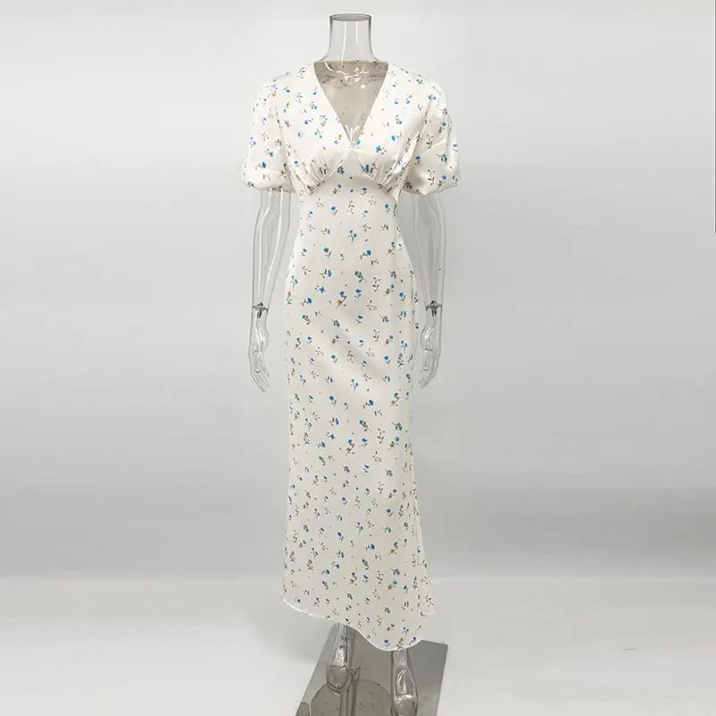 Stylish Printed Maxi Dress Women Elegant Slim V-Neck Short-Sleeve Evening Dress Summer New Casual Commuter Female Dress