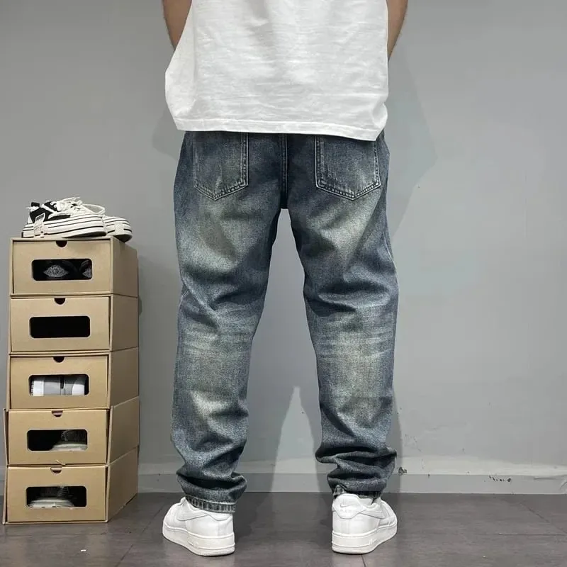 2025Heavy Duty Washed and Scraped Denim Men's Trendy High-end Embroidered Printed Loose Tapered Straight Leg Jeans
