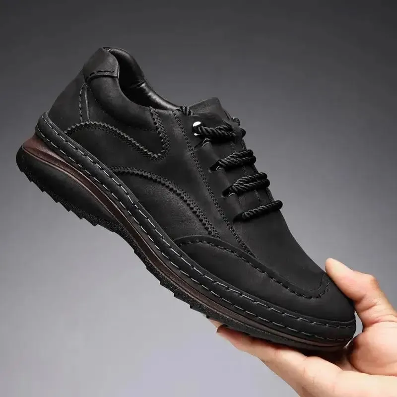 Men Handmade Stitching Cowhide Shoes Casual Lace Up Walking Footwear Comfort Non Slip Rubber Sole Breathable Outdoor Daily Shoes
