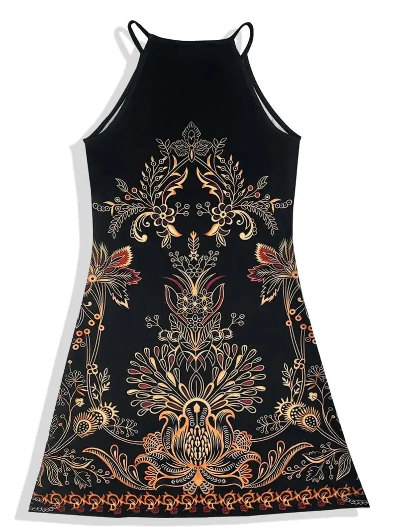 Women's Sleeveless Hanging Neck Short Dress Loose Silhouette Travel Vacation Style Casual Maxi Dress for Summer