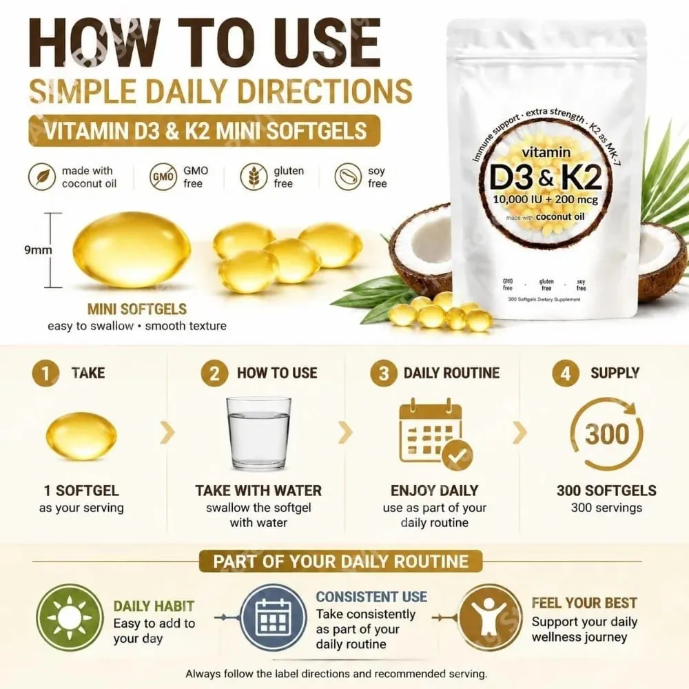 Vitamin D3 & K2 Softgels with 10 000 IU Vitamin D3 & 200 mcg K2 for Immune System & Bone Strength Support Adults 300 Softgels