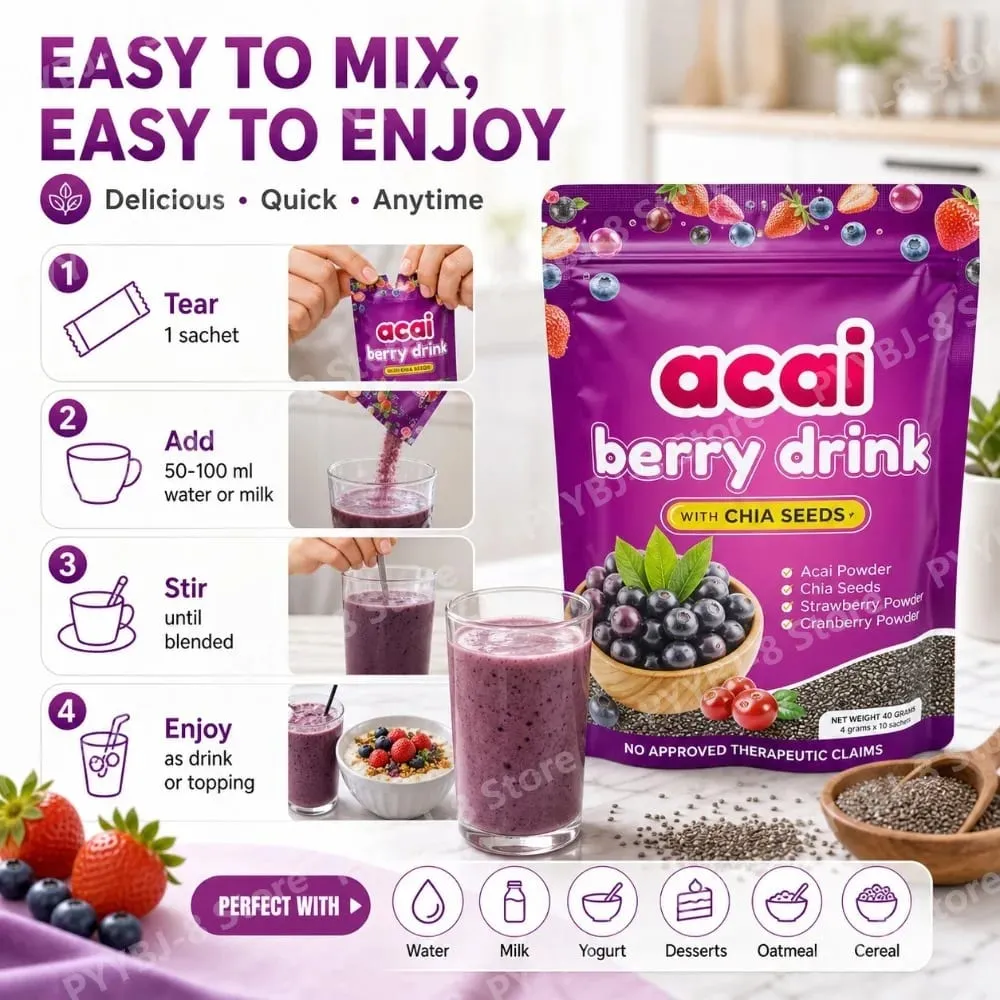 Acai Berry Drink Powder 10packs Per Bag with Chia Seeds and 7 Types of Berry Powders Improve Skin Condition & Enhance Immunity
