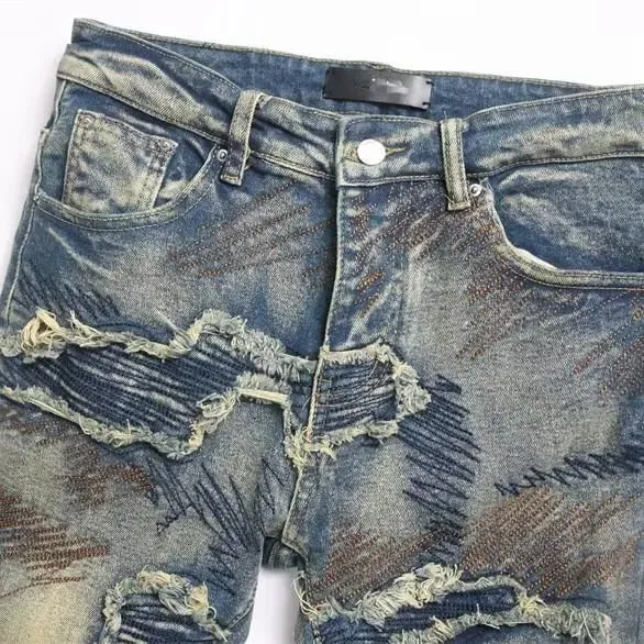 American High Street Worn Out And Tear Damaged Men's Jeans Destroyed Holes Stretch Skinny & Slim Ripped Jeans