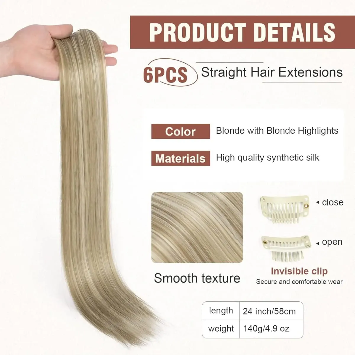 6Pcs Clip in Hair Extensions 24" Long Straight Heat Resistant Synthetic Clips on Hair Piece for Women Daily Wear