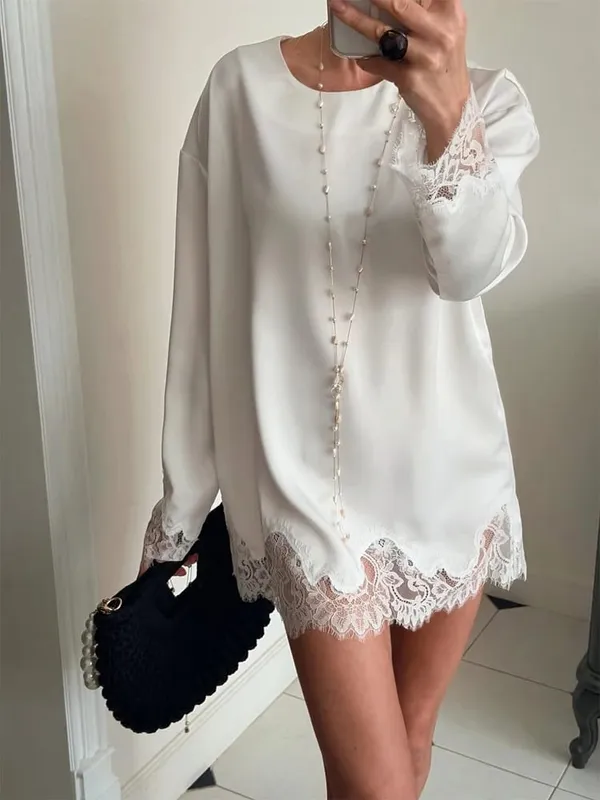 Women Light Blue Lace Satin Round Neck Dress Elegant Side Tie Long Sleeve Soft Short Gown 2026 Daily Vacation Party Sundress