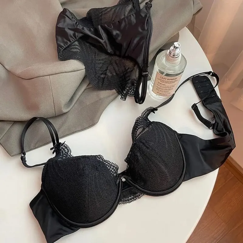 Ladies 2 Pieces Lace Underwear Suit Pure Desire Deep V Low Neck Thin Strap Soft Underwire Push Up Bra Briefs Sexy Lingerie 32‑38