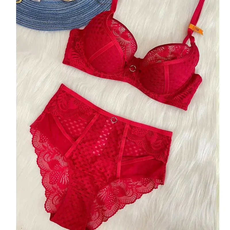 high quality lace bras and brief two piece set for women push up B C D cup hollow out wire summer lingerie underwear black white