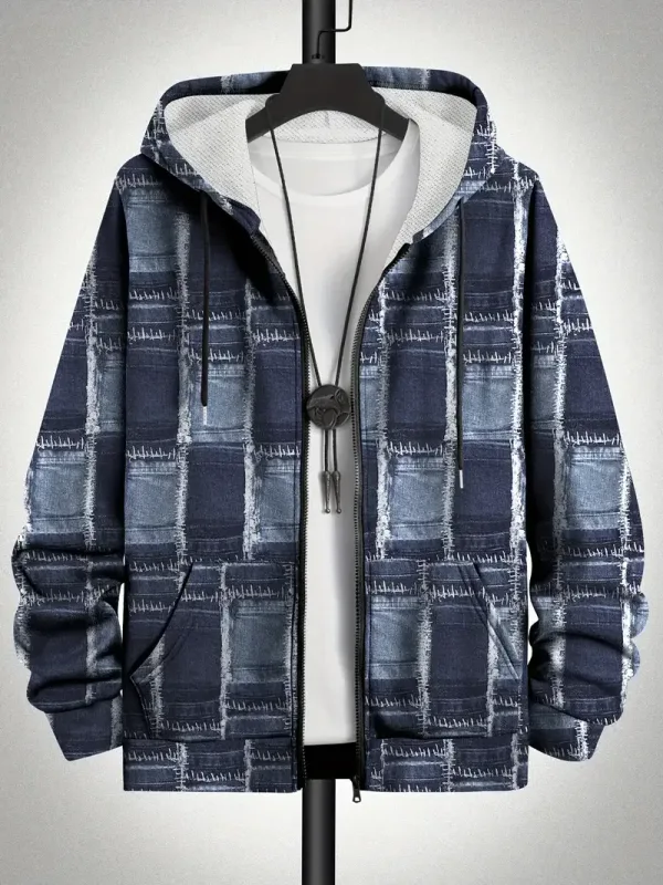 Retro Plaid Print Patchwork Zip Up Hoodie Men's Clothing Hot Style Long Sleeve Pullover Trend Streetwear Men Zip Up Hoodies