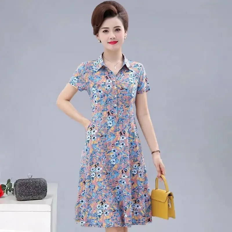 WomenS Floral Print Shirt Dress Short Sleeve Turn Down Collar A Line Midi Dress Casual Summer Dresses For Middle Aged Women