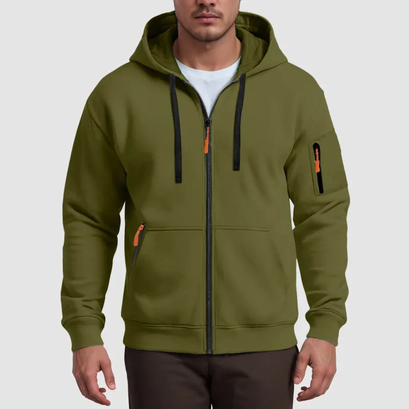 Men's Hoodies Solid Color Loose Zip Up Jacket Arm Zipper Pocket Hoodies Sand Hoodie Men