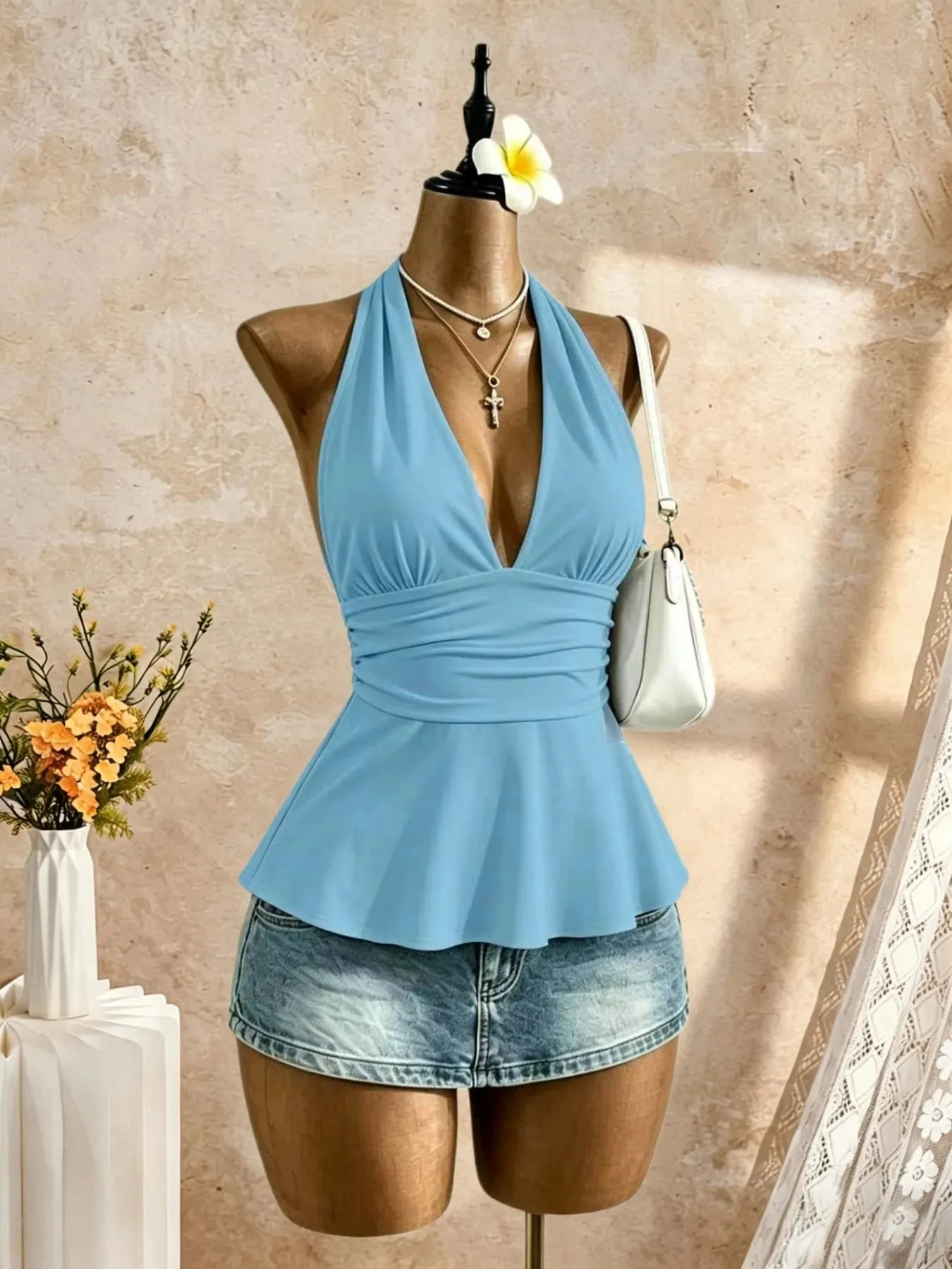 Women Halter Deep V Neck Sleeveless Peplum Tank Top Wrap Waist Ruched Flared Hem Slim Fit Y2K Cami Blouse