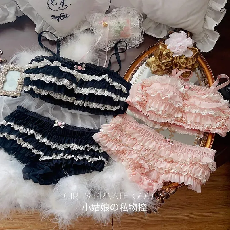 Vintage Cake Ruffles Lace Sweet Sexy Wire-free Women's Lingerie Sets