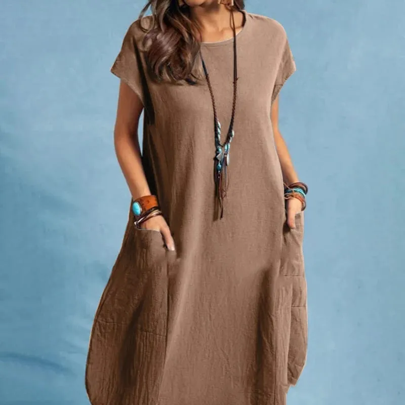 Summer Casual Cotton Dress for Woman O-Neck Short Cap Sleeve Loose Cotton Knee-Length Dress Vacation Day Wear Robes Femme