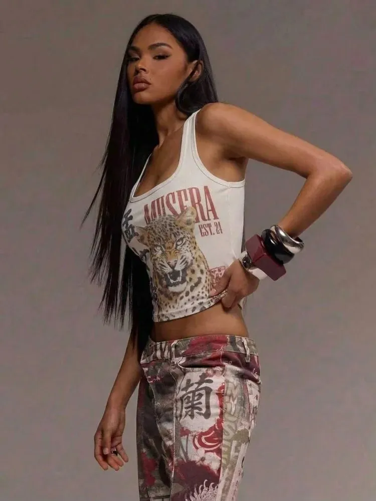 Women Pattern Printing Chinese Character Sleeveless U-Neck Fitted Crop Cami Top Summer Sexy Y2k Rock Streetwear Daily Tank Top
