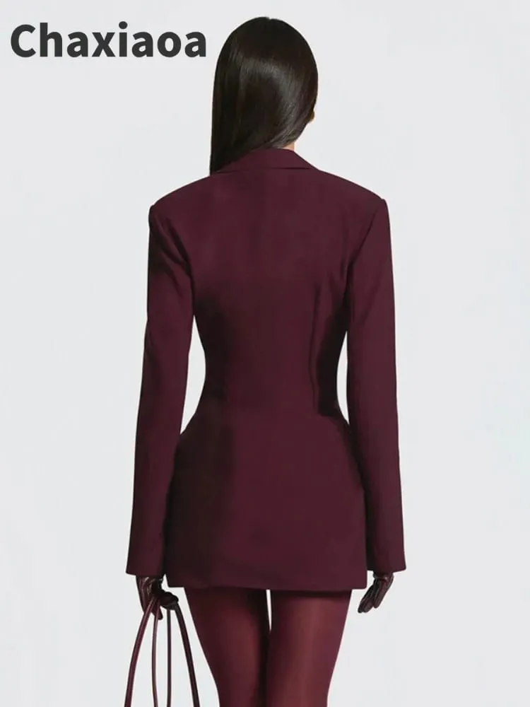Chaxiaoa Long Sleeve Deep V Neck Ruched Sexy Mini Dress Women Autumn Winter Fashion High Waist Club Party Blazer Dresses Female
