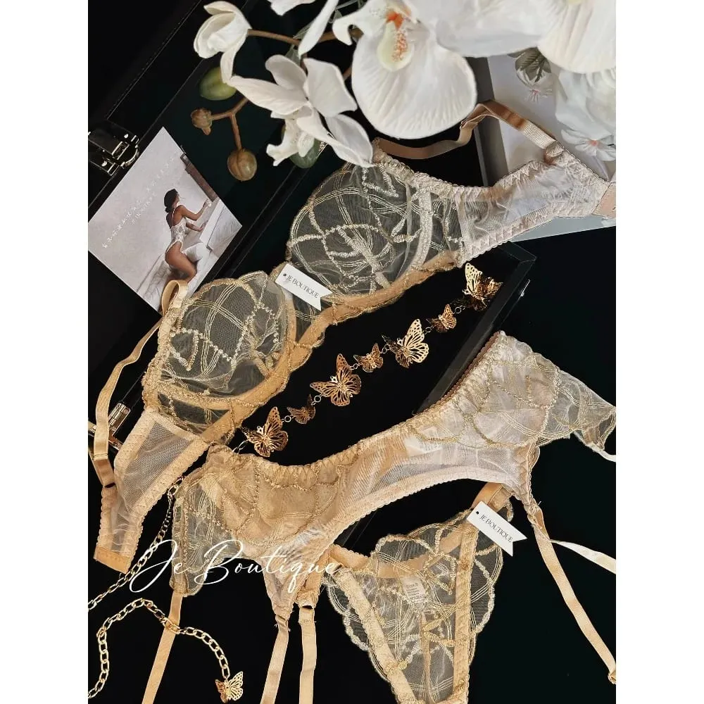 Luxury Lace Shiny Gold Embroidery Sexy Lingerie Set Women Bra + Thong Panties Transparent Erotic Night Party Intimate Underwear