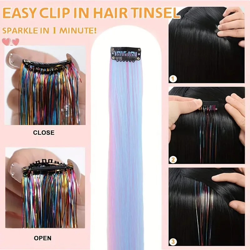 5PCS Synthetic Clip In Rainbow Tinsel Hair Extensions Colorful Glitter Sparkle Hair Shiny Hair Hairpieces For Women Girls