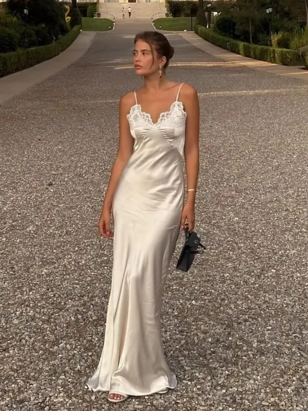 Solid Satin Lace Slip Dress Spaghetti Strap Trim Women V-neck Bias Cut Maxi Dresses 2026 Lady Elegant Evening Party Summer Gown