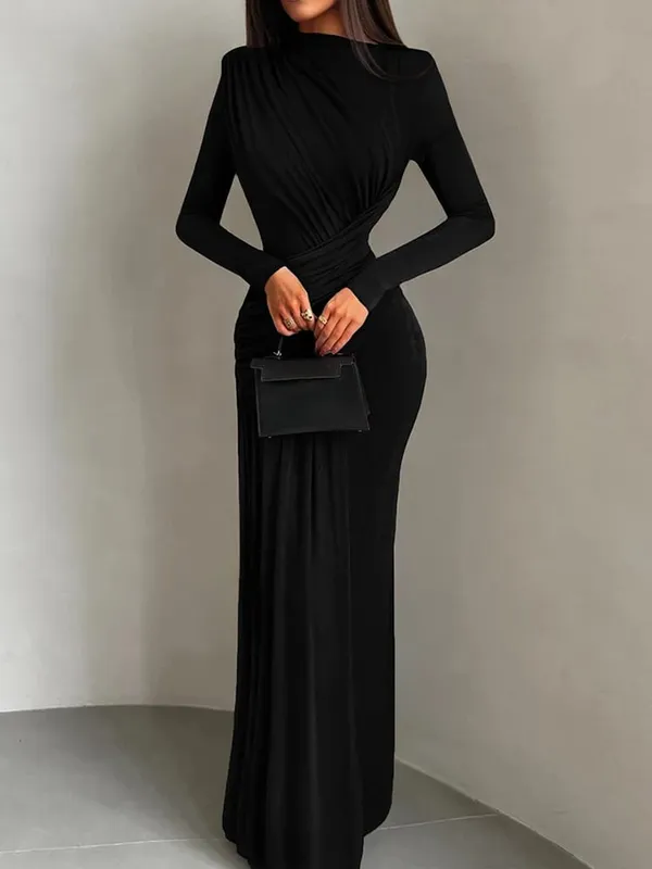 Nibber Folds Maxi Dress Women o-Neck Full Sleeve Solid Banquet Elegant Vacation Fashion Autumn Skinny Casual Simple Vestidos