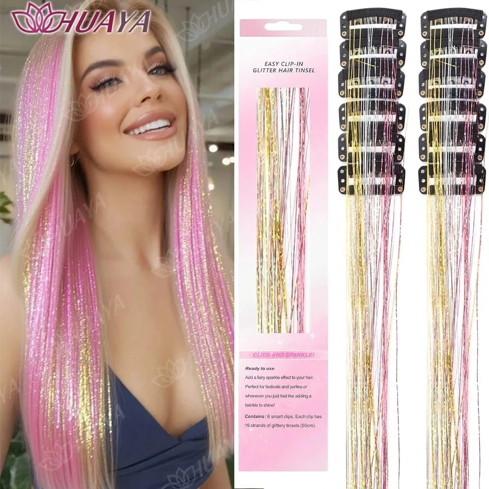 12Pcs/set Hair Tinsel Clip in Glitter Tinsel Hair Extensions Synthetic Shiny Sparkling Fairy Hair Tinsel Party Hair Accessories