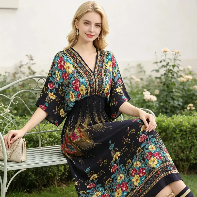 Boho Holiday Women V-Neck Batswing Short Sleeve A-Line Midi Dresses Slim Elastic Waist Casual Vintage Office Lady Elegance Dress