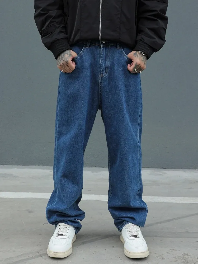 Novo algodão masculino baggy y2k jeans moda roupas masculinas cintura elástica lavada calças de perna larga sólida reta solta calças jeans