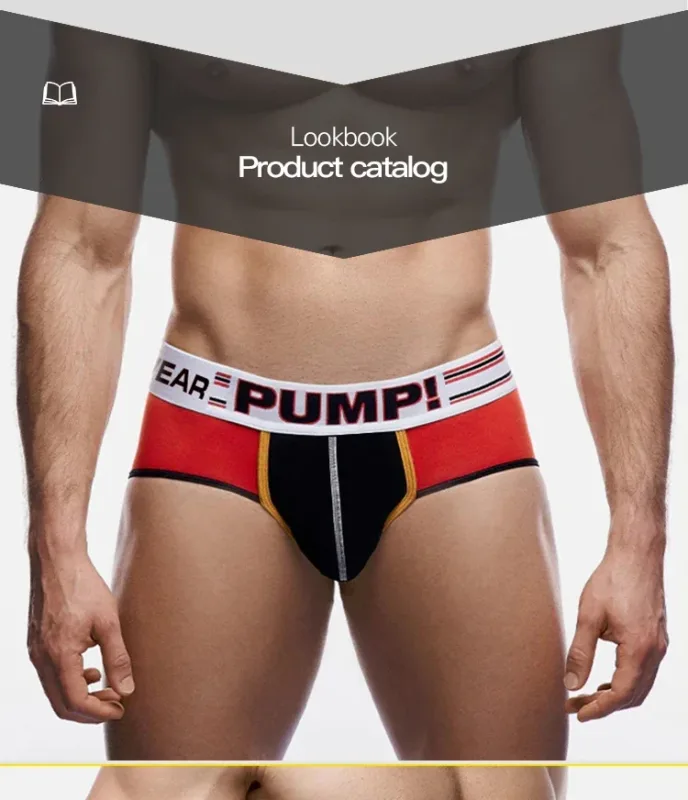 Celana Dalam Katun Warna Blok Pria, Pump! Logo Celana Dalam Kantong Cembung 3D Seksi Bertingkat Rendah Ikat Pinggang Lebar 3256813080433415