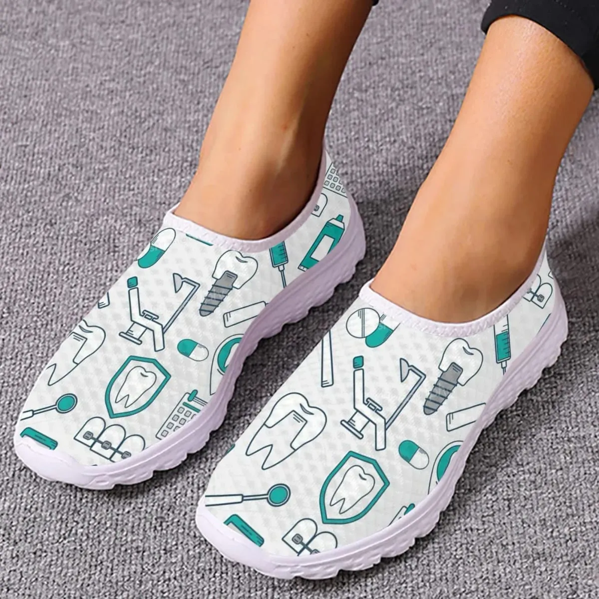 Dentist Shoes Women's Flats Cartoon Dental Nurse Print Breath Mesh Comfort Sneakers For Ladies Girls Summer Loafers — image 1