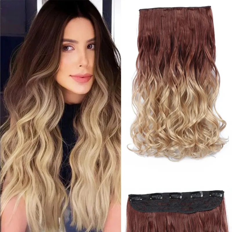 24-calowe Ombre Dip Dye Długie kręcone doczepiane włosy Dwukolorowe grube syntetyczne treski na całą głowę (od czarnego do ciemnoczerwonego)