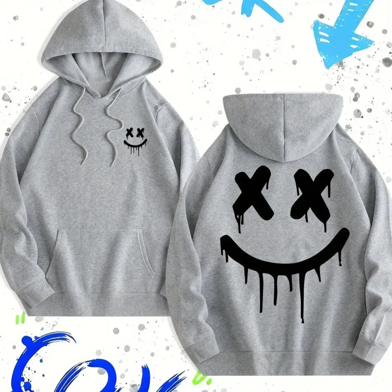 Smiley face print men's and women's autumn winter trendy printed hooded fleece sweatshirt front back casual hoodie