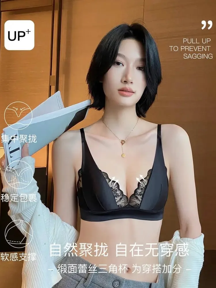 Sexy Summer Bra Sin Aros French Lingerie Encaje Triangulo Pecho Pequeño Bralette Suave Puro Deseo Saten MOYISU 32-38-S-XL AB