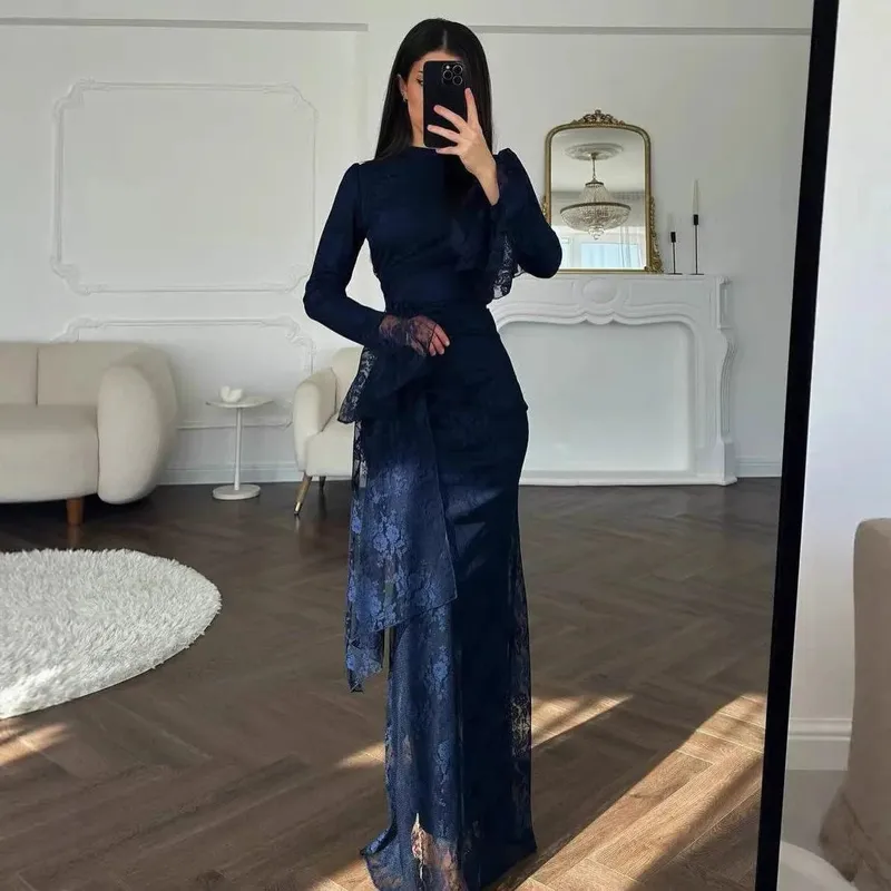 Women Lace Fitted Dresses Solid Evening Dress H Line Ankle Lenth Bell Sleeve Waist Cinch Slim Fit Party Sexy Elegant 2026 Summer